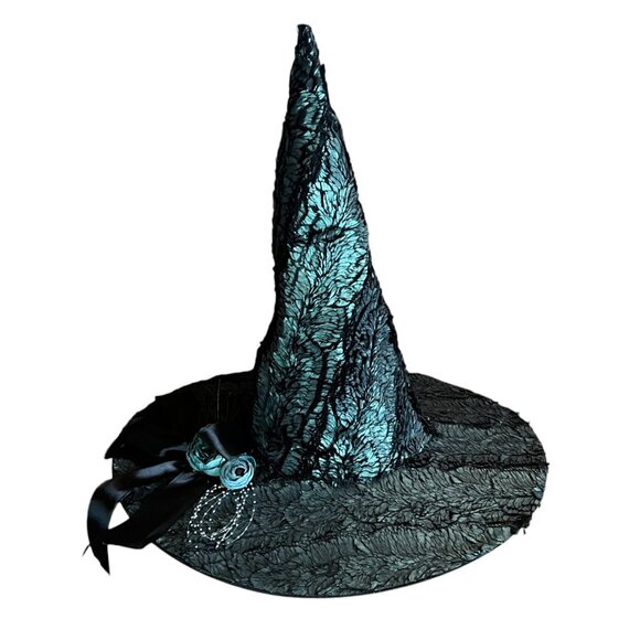 One-of-a-Kind Handmade Teal & Black Witch's Hat w/Decorative Flower & Black Bow - Picture 13 of 13